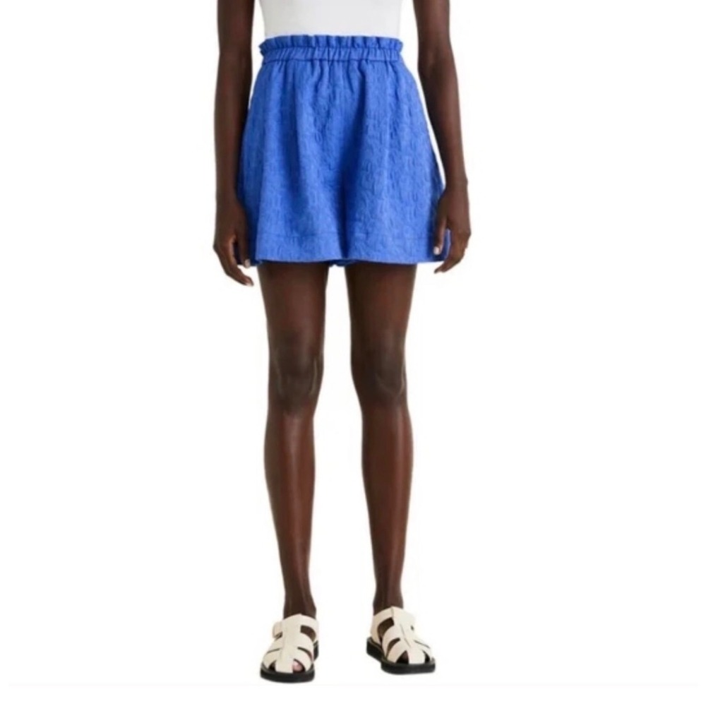 Merlette Blue Cloque Textured Paperbag Waist‎ Shorts Small Wide Leg Cotton Blend